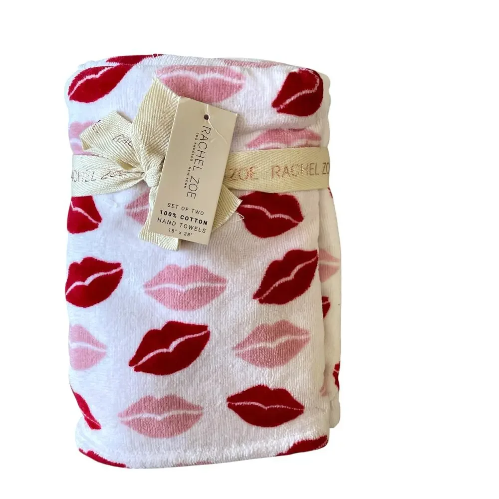 Rachel Zoe Valentine LIPS Hand Towels 18x28 Cotton Set of 2 Pink & Red NEW